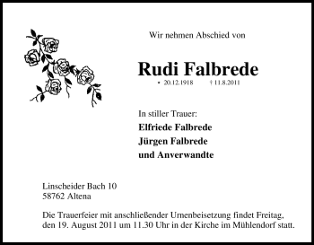 Traueranzeige von Rudi Falbrede von Tageszeitung