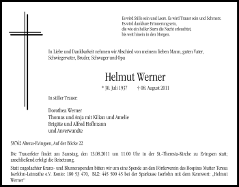 Traueranzeige von Helmut Werner von Tageszeitung