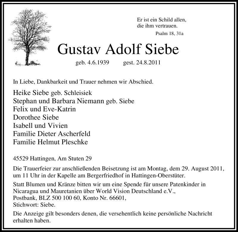  Traueranzeige für Gustav Adolf Siebe vom 27.08.2011 aus Tageszeitung