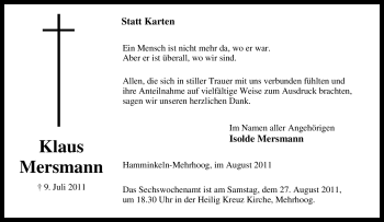 Traueranzeige von Klaus Mersmann von Tageszeitung