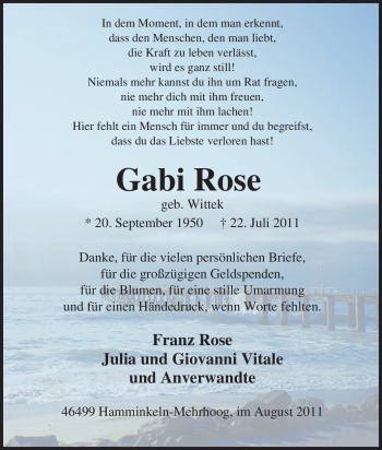 Traueranzeige von Gabi Rose von Tageszeitung