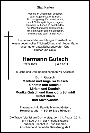 Traueranzeige von Hermann Gutsch von Tageszeitung
