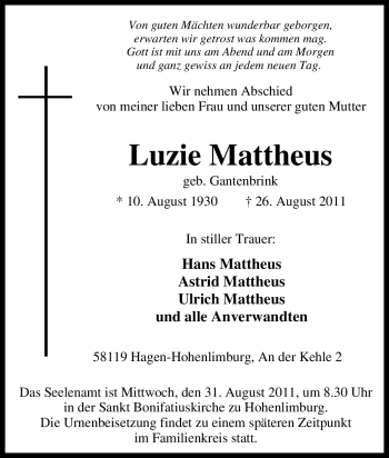 Traueranzeige von Luzie Mattheus von Tageszeitung
