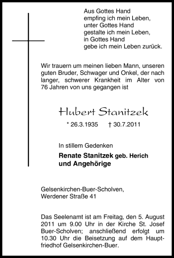 Traueranzeige von Hubert Stanitzek von Tageszeitung