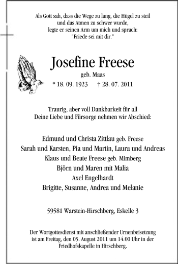 Traueranzeige von Josefine Freese von Tageszeitung