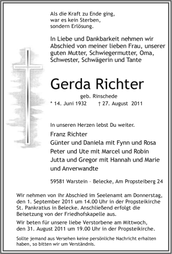Traueranzeige von Gerda Richter von Tageszeitung