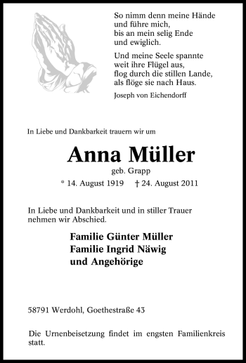 Traueranzeige von Anna Müller von Tageszeitung