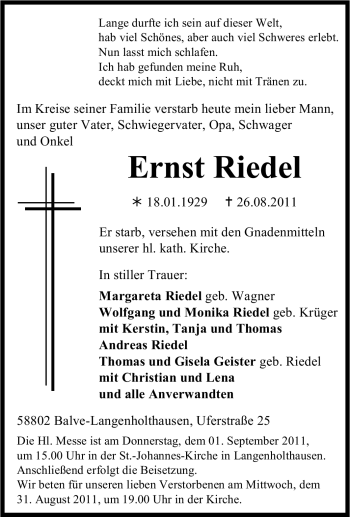 Traueranzeige von Ernst Riedel von Tageszeitung