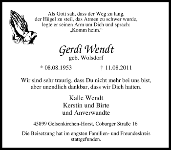 Traueranzeige von Gerdi Wendt von Tageszeitung