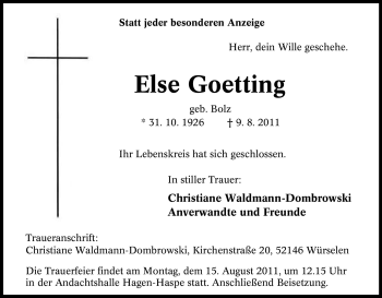 Traueranzeige von Else Goetting von Tageszeitung