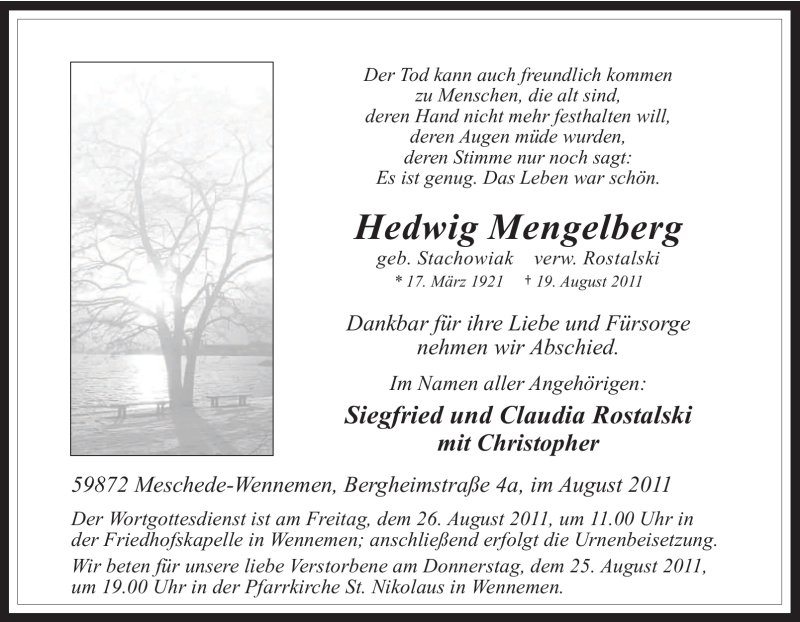  Traueranzeige für Hedwig Mengelberg vom 22.08.2011 aus Tageszeitung