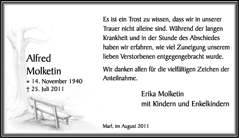  Traueranzeige für Alfred Molketin vom 20.08.2011 aus Tageszeitung