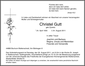 Traueranzeige von Christel Gutt von Tageszeitung