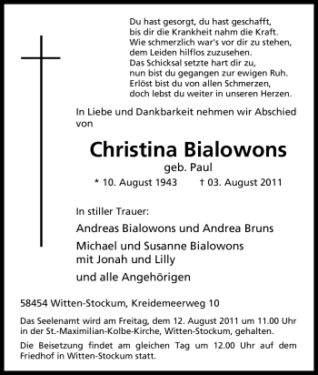 Traueranzeige von Christina Bialowons von Tageszeitung