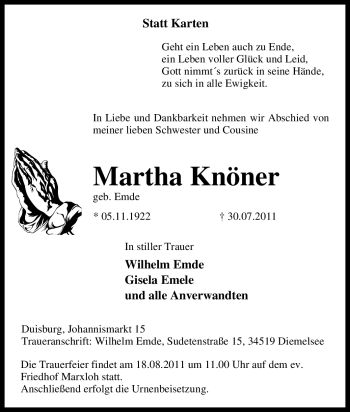 Traueranzeige von Martha Knöner von Tageszeitung