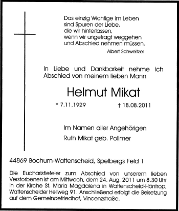 Traueranzeige von Helmut Mikat von Tageszeitung