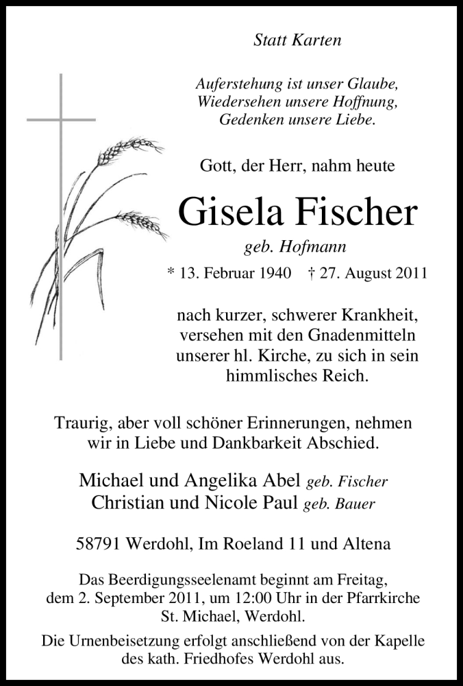  Traueranzeige für Gisela Fischer vom 29.08.2011 aus Tageszeitung