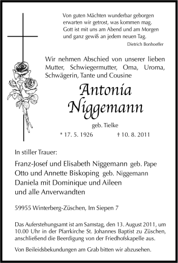 Traueranzeige von Antonia Niggemann von Tageszeitung