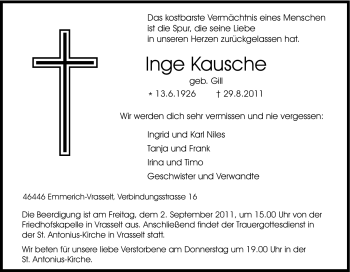 Traueranzeige von Inge Kausche von Tageszeitung