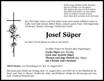 Traueranzeige von Josef Süper von Tageszeitung