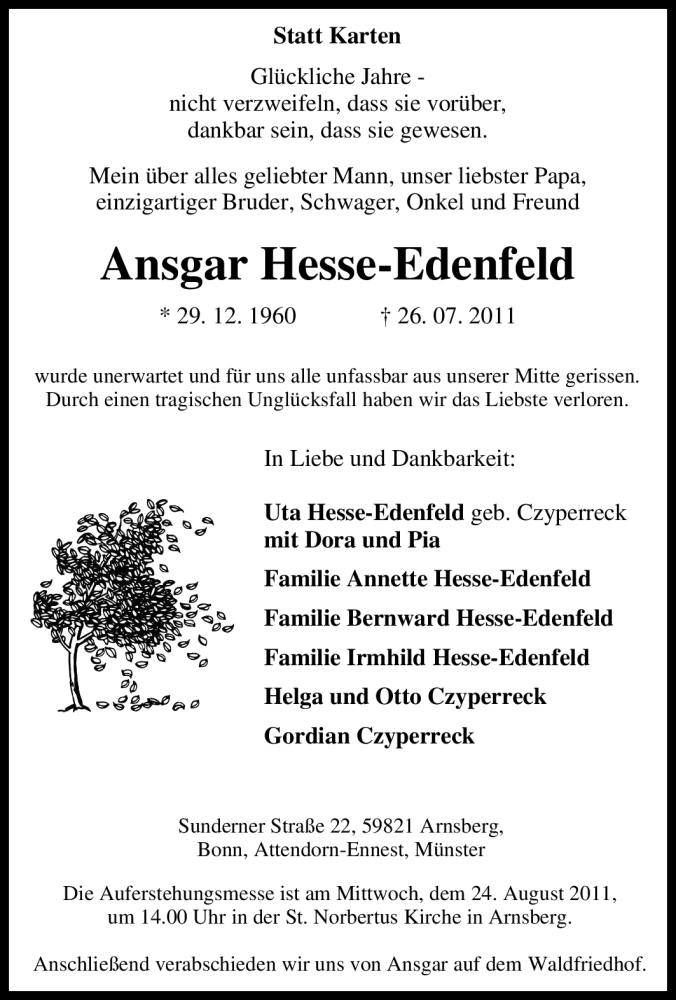  Traueranzeige für Ansgar Hesse-Edenfeld vom 16.08.2011 aus Tageszeitung