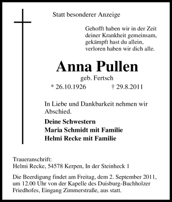 Traueranzeige von Anna Pullen von Tageszeitung