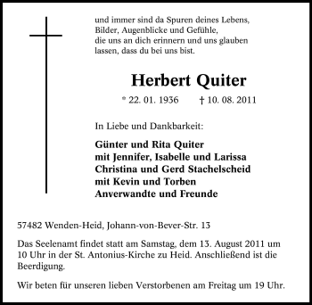 Traueranzeige von Herbert Quiter von Tageszeitung