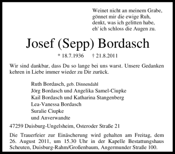 Traueranzeige von Josef Bordasch von Tageszeitung