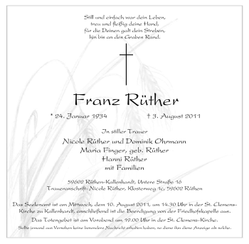 Traueranzeige von Franz Rüther von Tageszeitung