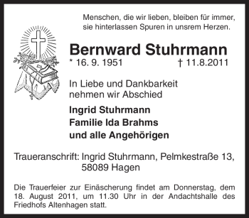 Traueranzeige von Bernward Stuhrmann von Tageszeitung