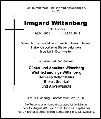 Traueranzeige von Irmgard Wittenberg von Tageszeitung