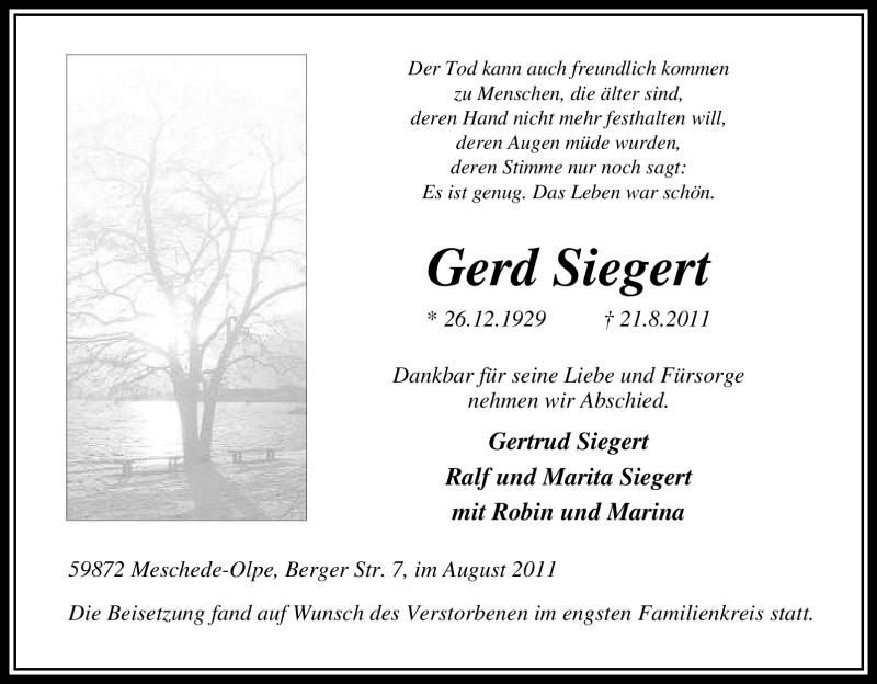  Traueranzeige für Gerd Siegert vom 30.08.2011 aus Tageszeitung