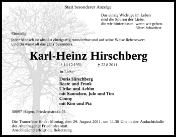 Traueranzeige von Karl-Heinz Hirschberg von Tageszeitung