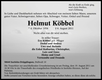 Traueranzeige von Helmut Köbbel von Tageszeitung