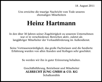 Traueranzeige von Heinz Hartmann von Tageszeitung