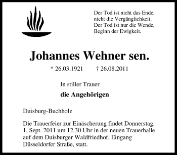 Traueranzeige von Johannes Wehner sen. von Tageszeitung