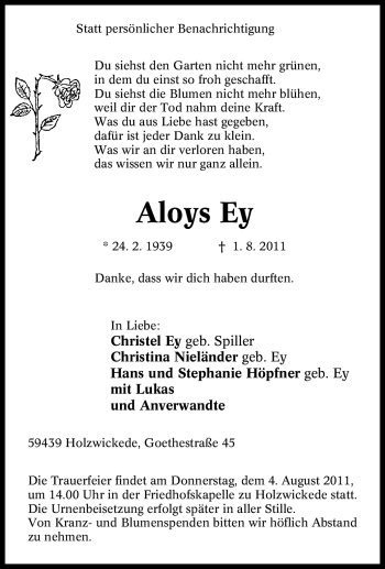 Traueranzeige von Aloys Ey von Tageszeitung