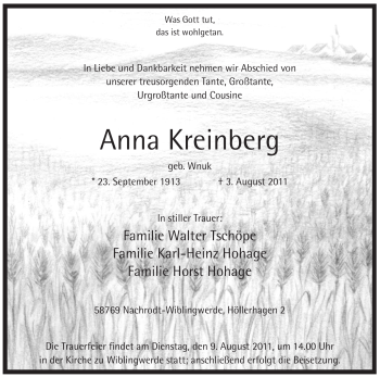 Traueranzeige von Anna Kreinberg von Tageszeitung