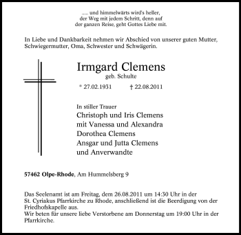 Traueranzeige von Irmgard Clemens von Tageszeitung