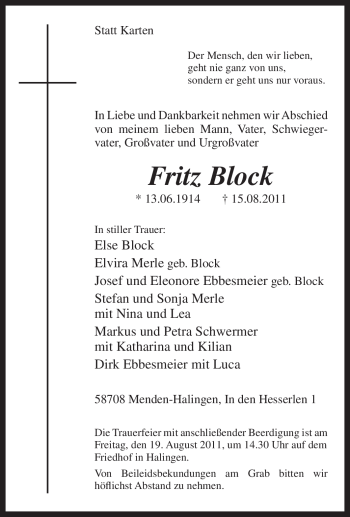 Traueranzeige von Fritz Block von Tageszeitung