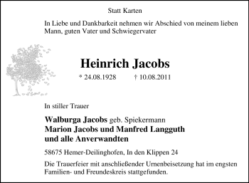 Traueranzeige von Heinrich Jacobs von Tageszeitung