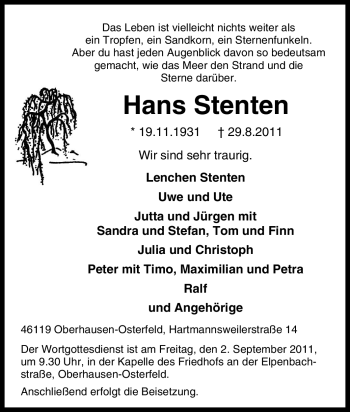 Traueranzeige von Hans Stenten von Tageszeitung