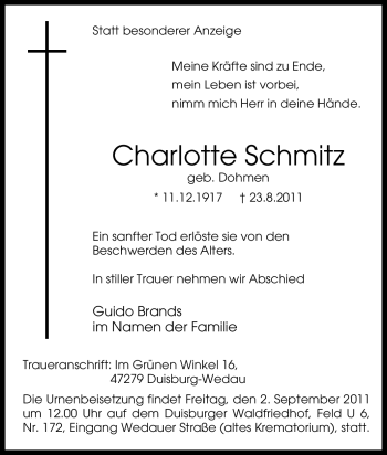Traueranzeige von Charlotte Schmitz von Tageszeitung