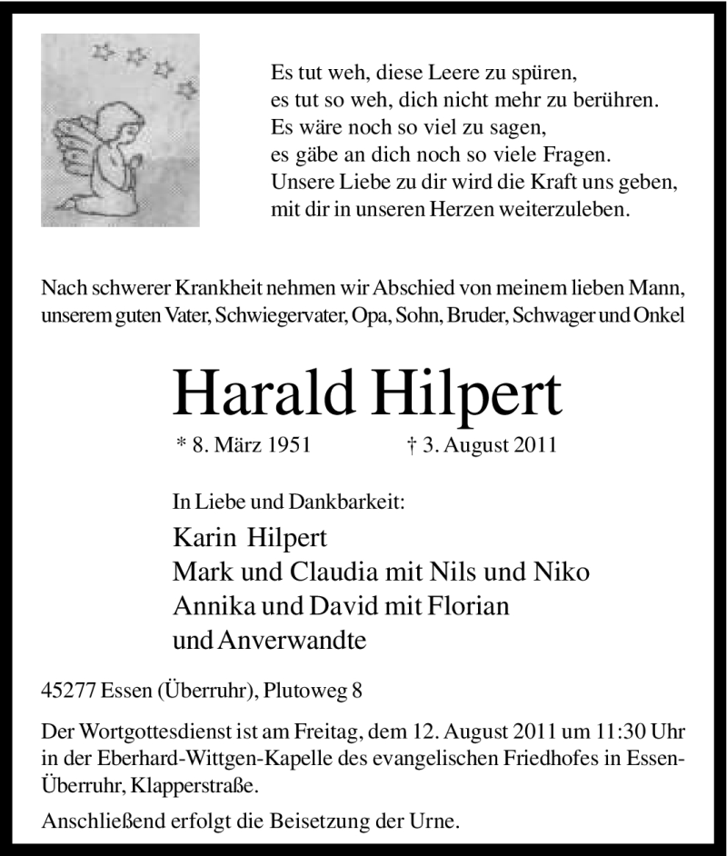  Traueranzeige für Harald Hilpert vom 10.08.2011 aus Tageszeitung