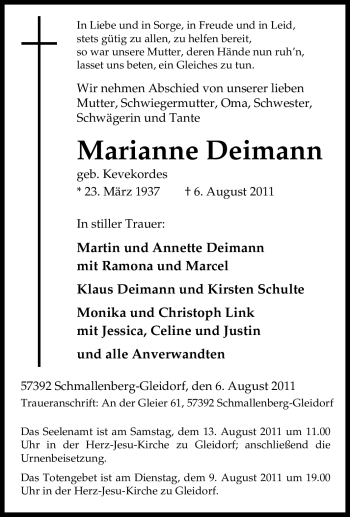 Traueranzeige von Marianne Deimann von Tageszeitung