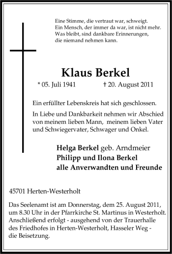 Traueranzeige von Klaus Berkel von Tageszeitung