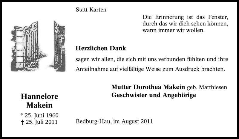  Traueranzeige für Hannelore Makein vom 26.08.2011 aus Tageszeitung