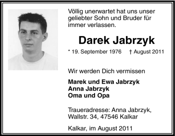 Traueranzeige von Darek Jabrzyk von Tageszeitung