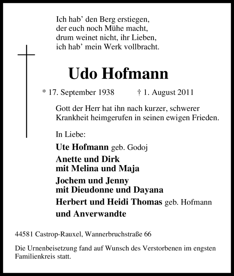  Traueranzeige für Udo Hofmann vom 06.08.2011 aus Tageszeitung