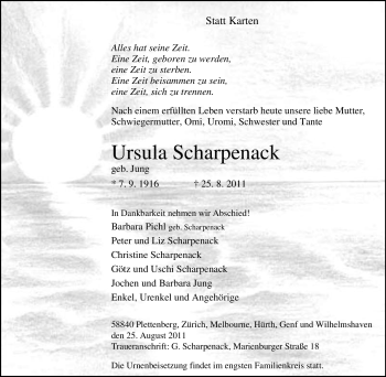 Traueranzeige von Ursula Scharpenack von Tageszeitung